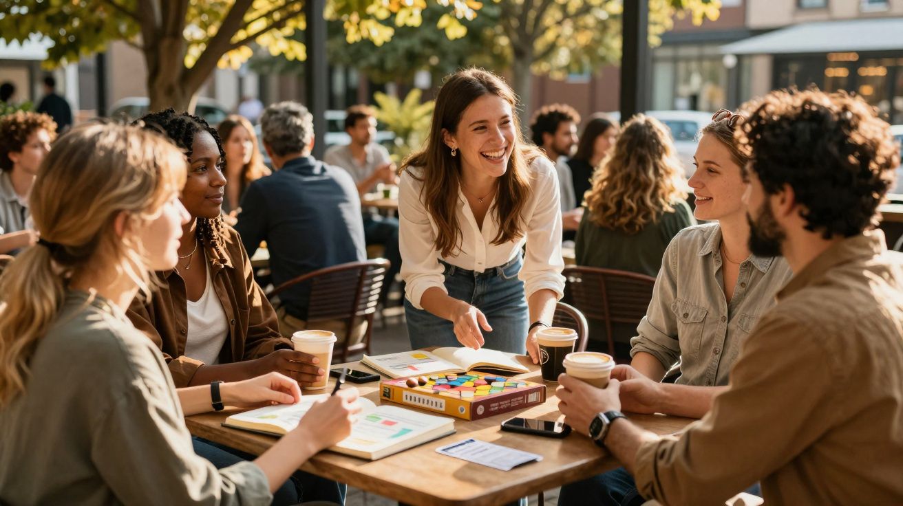 Grupo de jovens a socializar e tomar café num café ao ar livre numa tarde soalheira.
