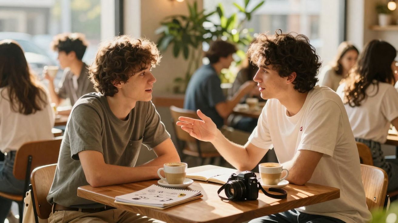 Dois jovens conversam sentados numa mesa de café com cadernos, café e uma câmara fotográfica.