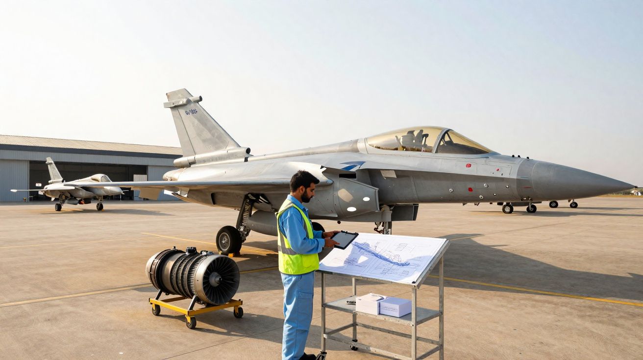 Técnico em colete refletor a inspecionar jato de combate estacionado num aeródromo sob céu claro.