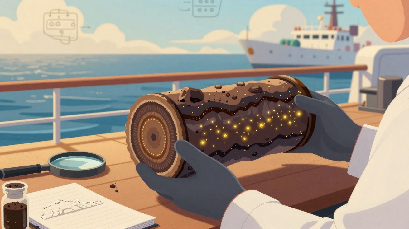 Pessoa com luvas a examinar um tronco de árvore com luzes brilhantes num convés de navio.