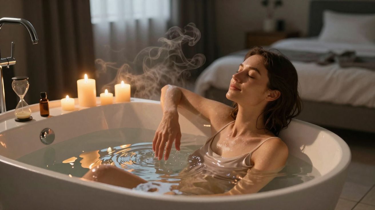 Mulher relaxa numa banheira com água quente, rodeada por velas acesas num quarto tranquilo.