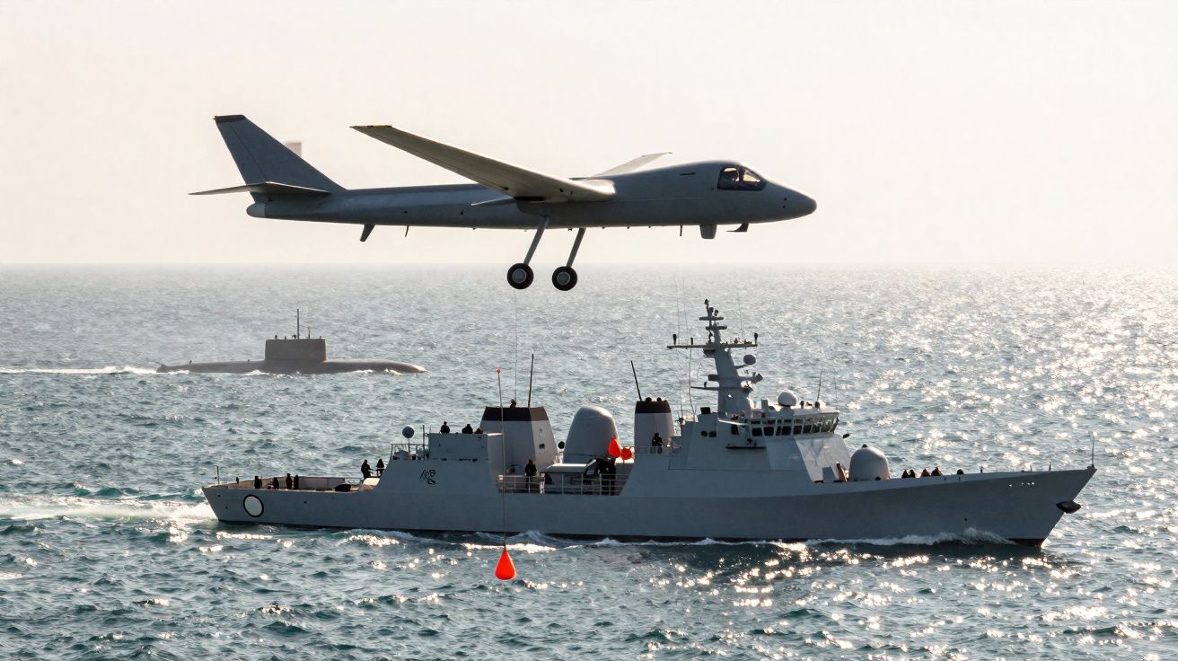 Drone militar a voar sobre fragata no mar com submarino visível ao fundo.