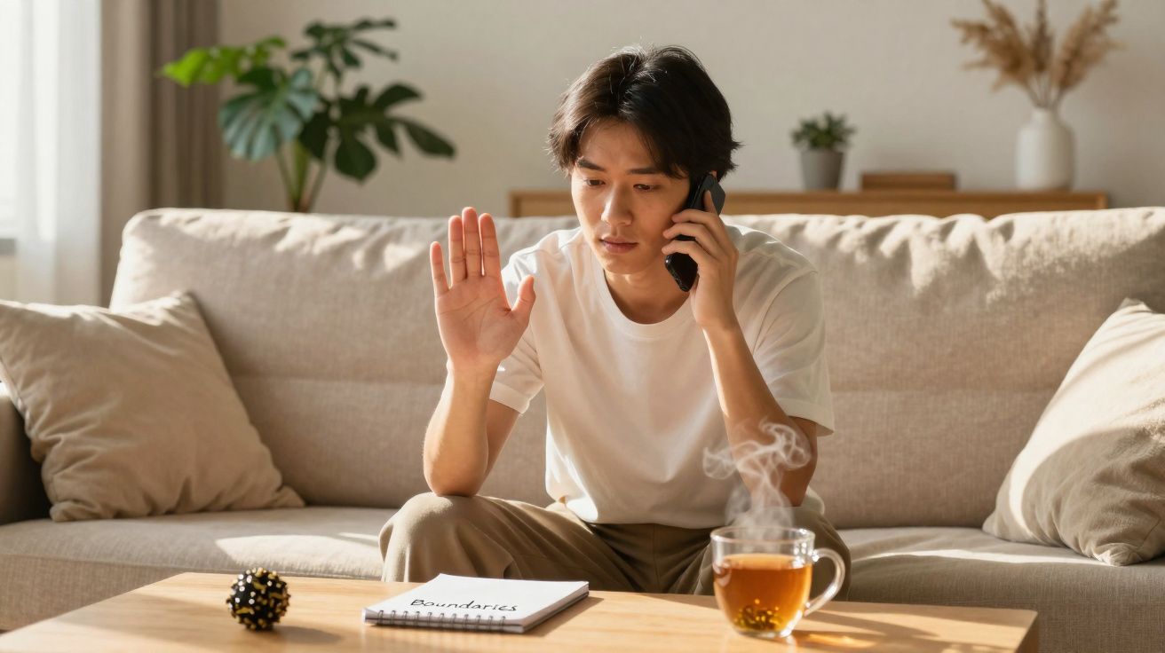 Jovem a falar ao telefone sentado no sofá, com mão levantada e chá quente numa mesa de madeira.