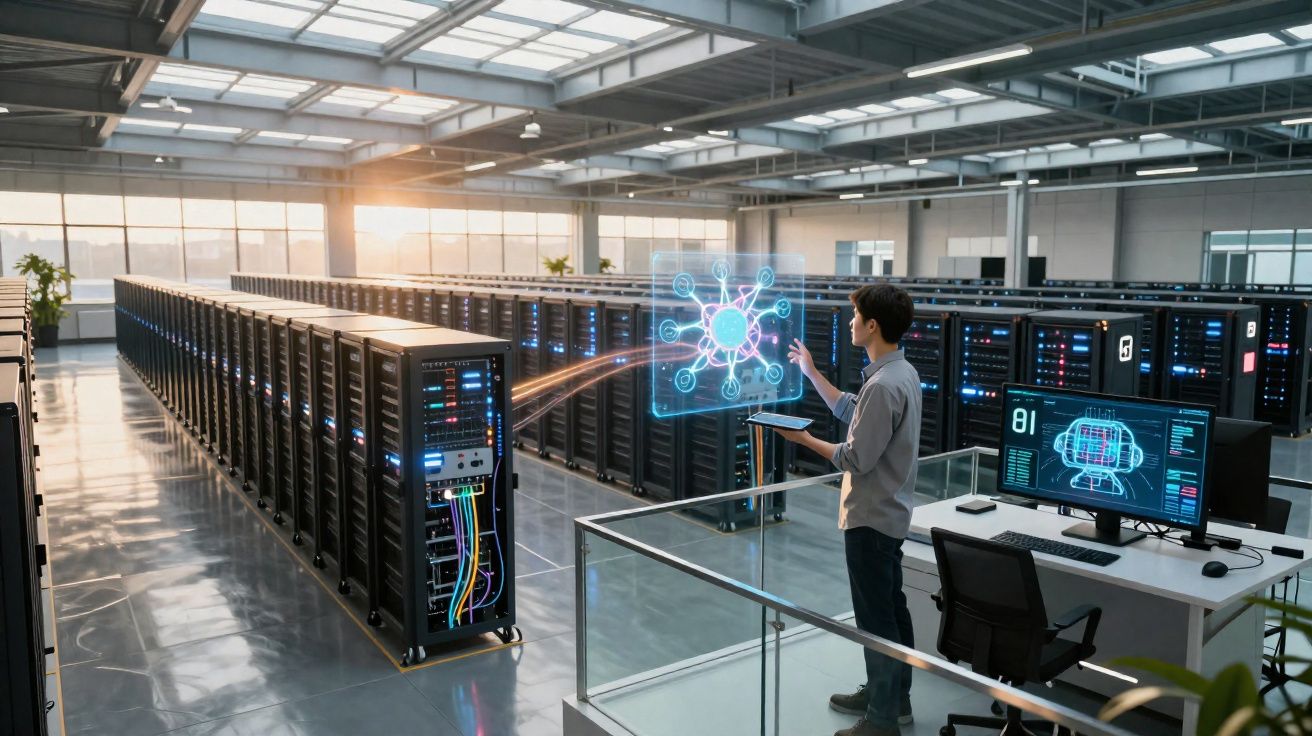 Técnico numa sala com servidores a interagir com holograma digital e trabalhar num computador com dados de inteligência artif