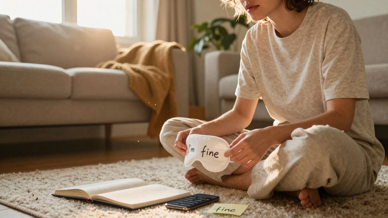 Pessoa sentada no chão da sala com máscara de dormir onde está escrito "I'm fine" e um post-it com "fine" junto a livros e te