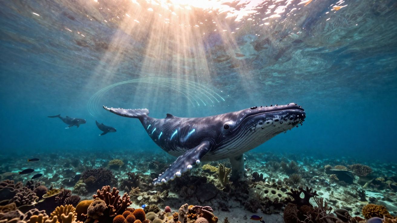 Baleia jubarte a nadar perto do coral sob raios de sol na água azul transparente do oceano.