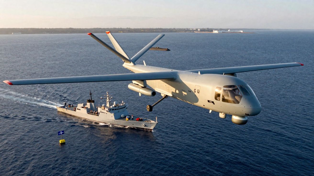 Drone militar a voar sobre um navio de guerra no mar durante o dia.