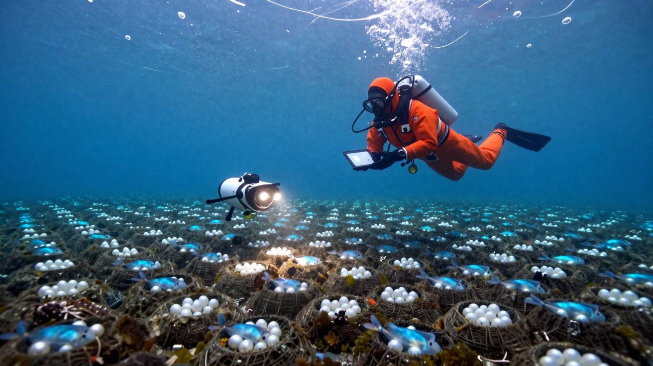 Mergulhador em fato laranja observa dispositivos iluminados no fundo do mar com muitas estruturas ovais.