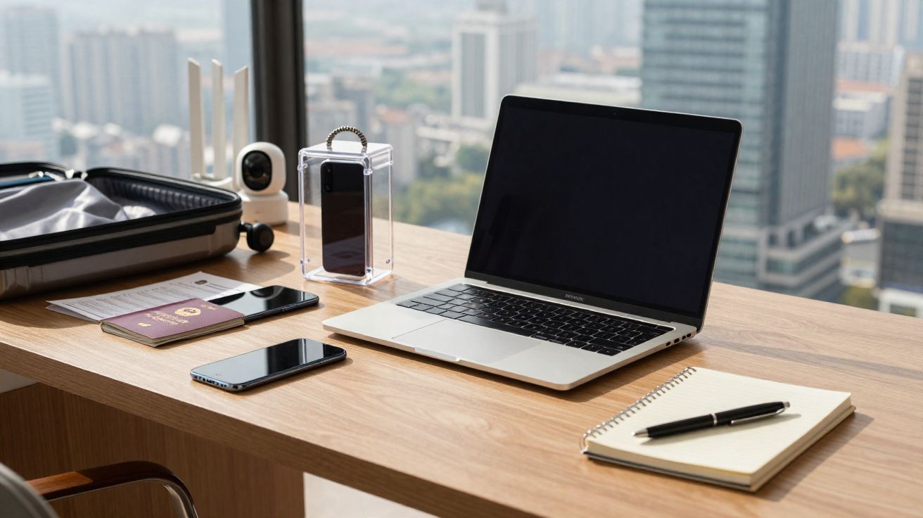 Mesa de escritório com computador portátil, telemóveis, passaporte, bloco de notas e caneta junto a janela com vista urbana.