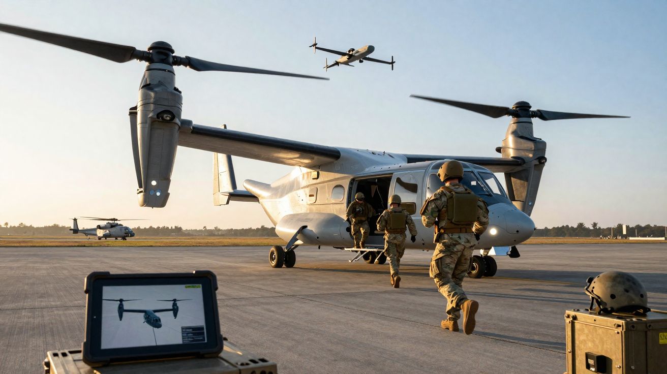 Soldados militares a entrar num avião VTOL no chão com drones e helicópteros ao fundo.