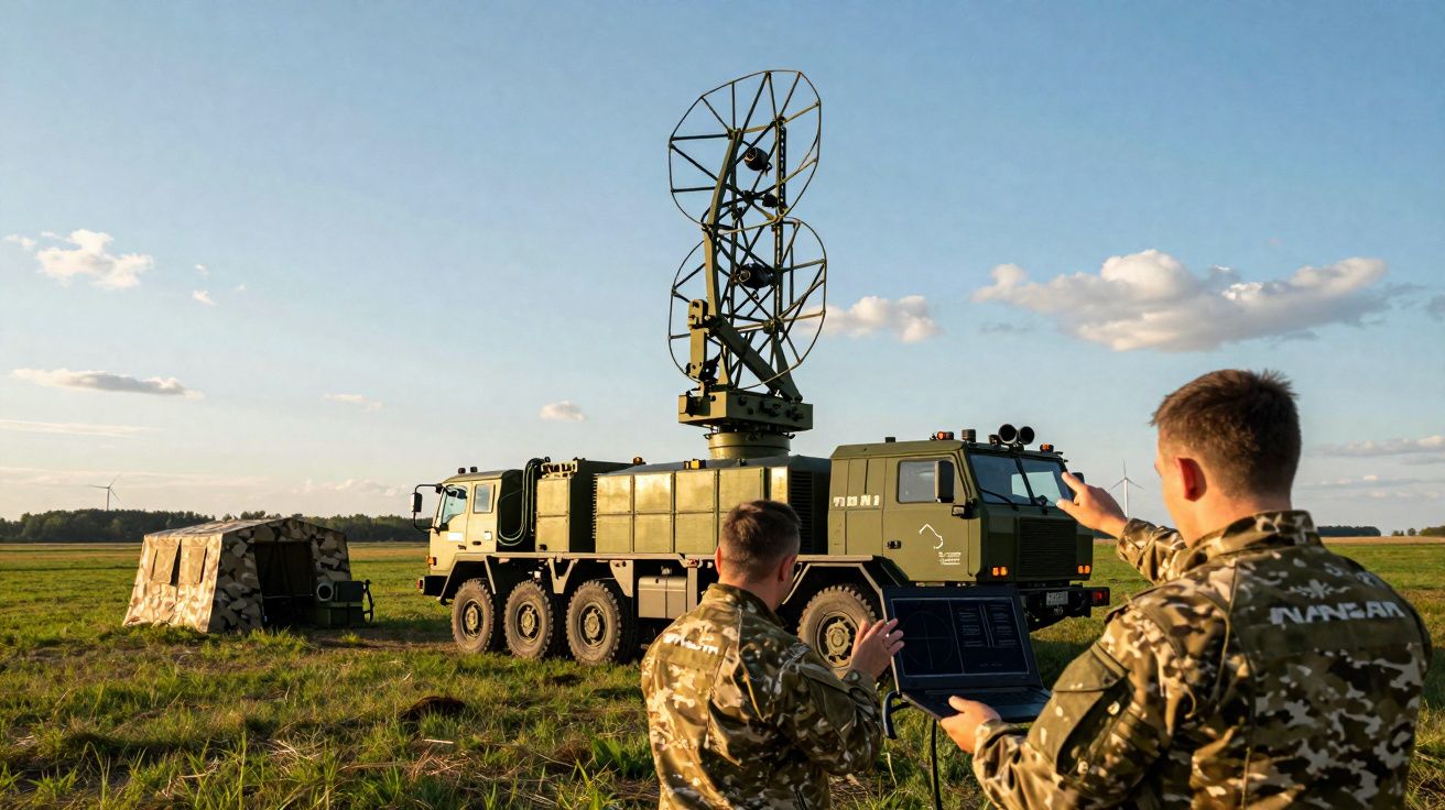 Dois militares em uniforme camuflado operam equipamento de radar móvel num campo aberto ao entardecer.