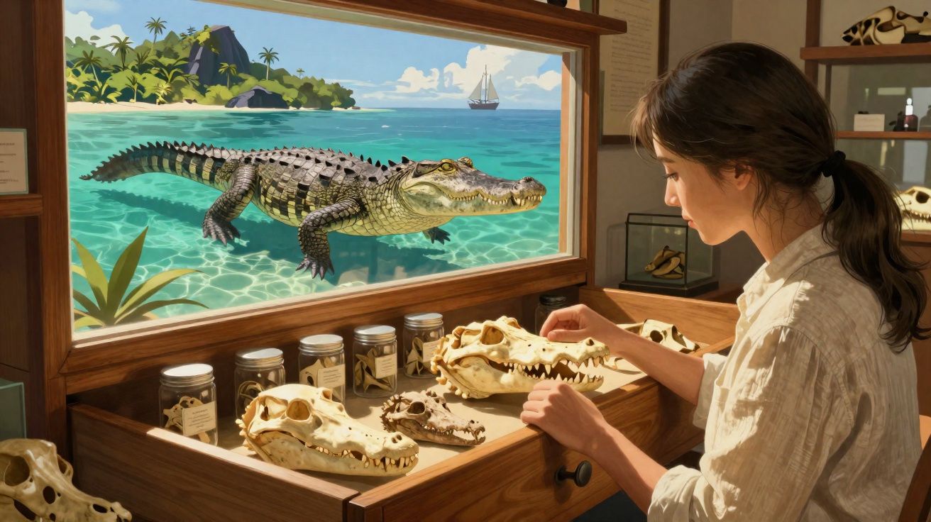 Mulher analisa crânios de crocodilo numa mesa enquanto um crocodilo nada no mar visto pela janela.