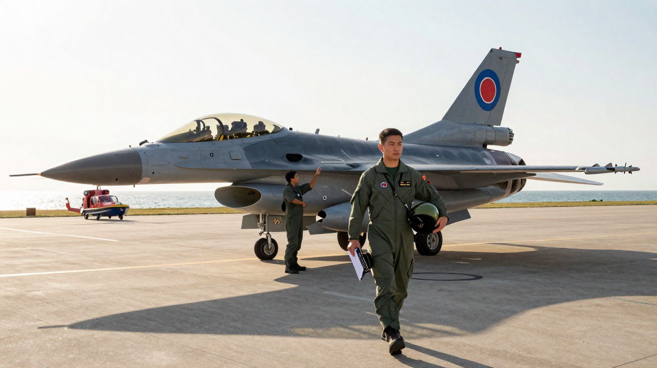 Pilotos militares junto a um avião de caça estacionado numa pista ao lado do mar ao pôr do sol.