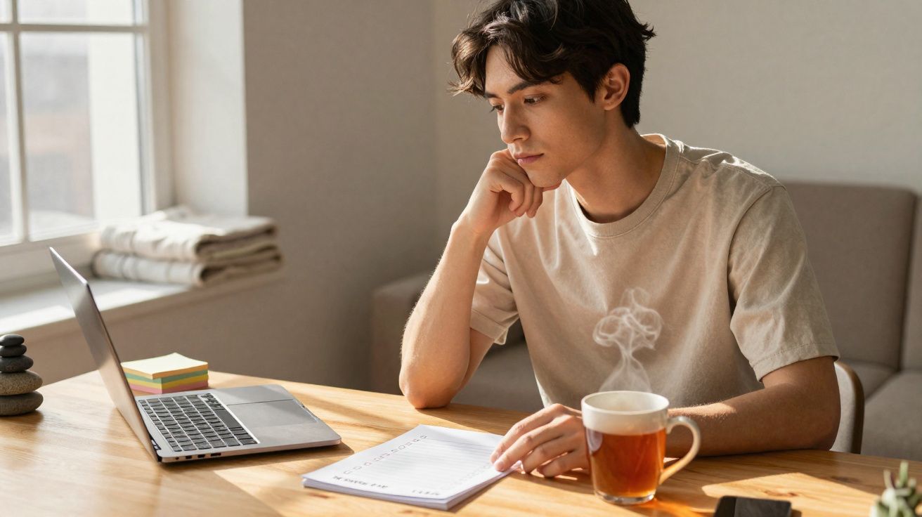 Homem jovem sentado a trabalhar num computador portátil com chá quente numa mesa iluminada por luz natural.