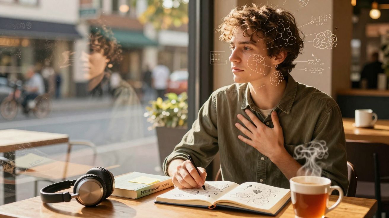 Jovem sentado em café a escrever e a refletir, com desenhos e notas num caderno aberto à sua frente.