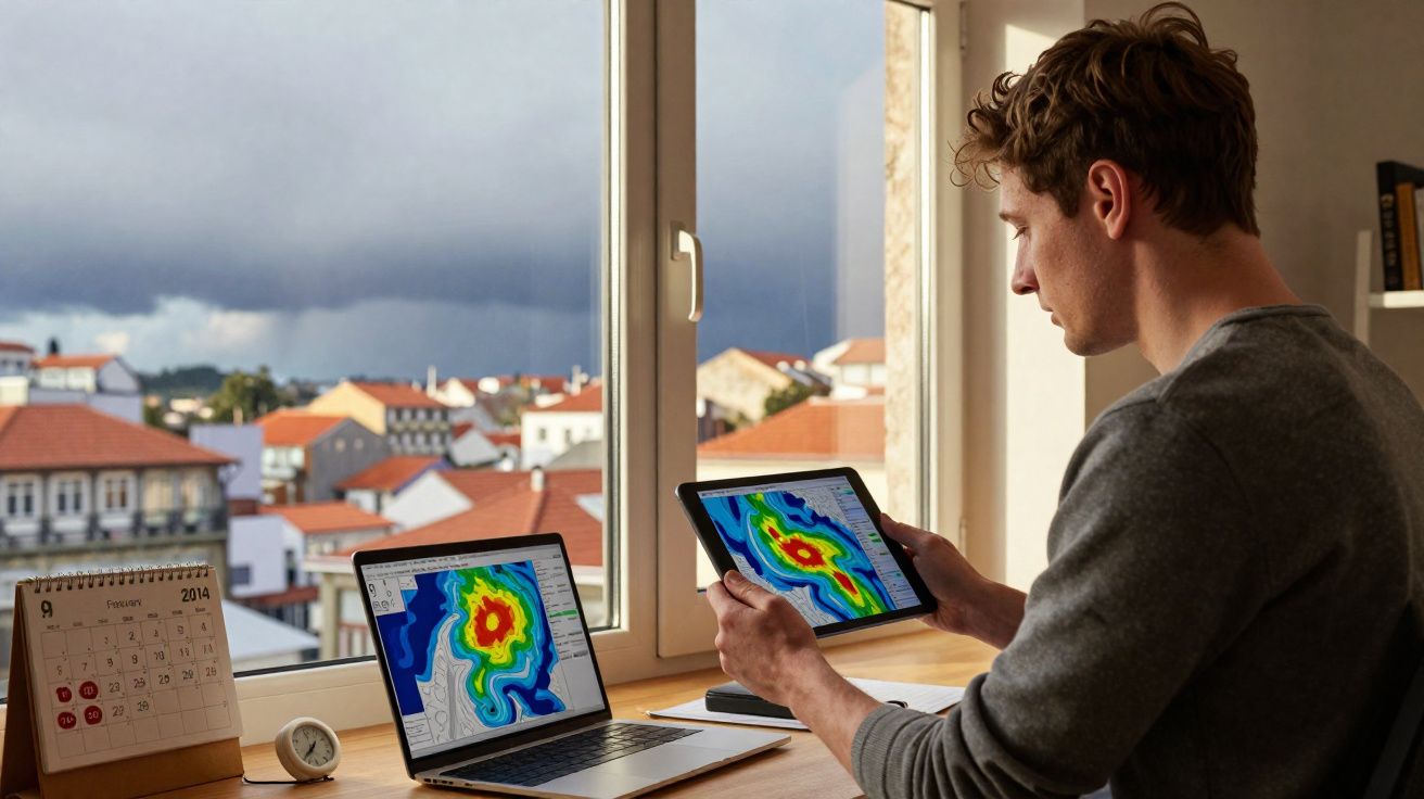 Homem a analisar mapas meteorológicos coloridos em tablet e computador junto a janela com vista urbana.