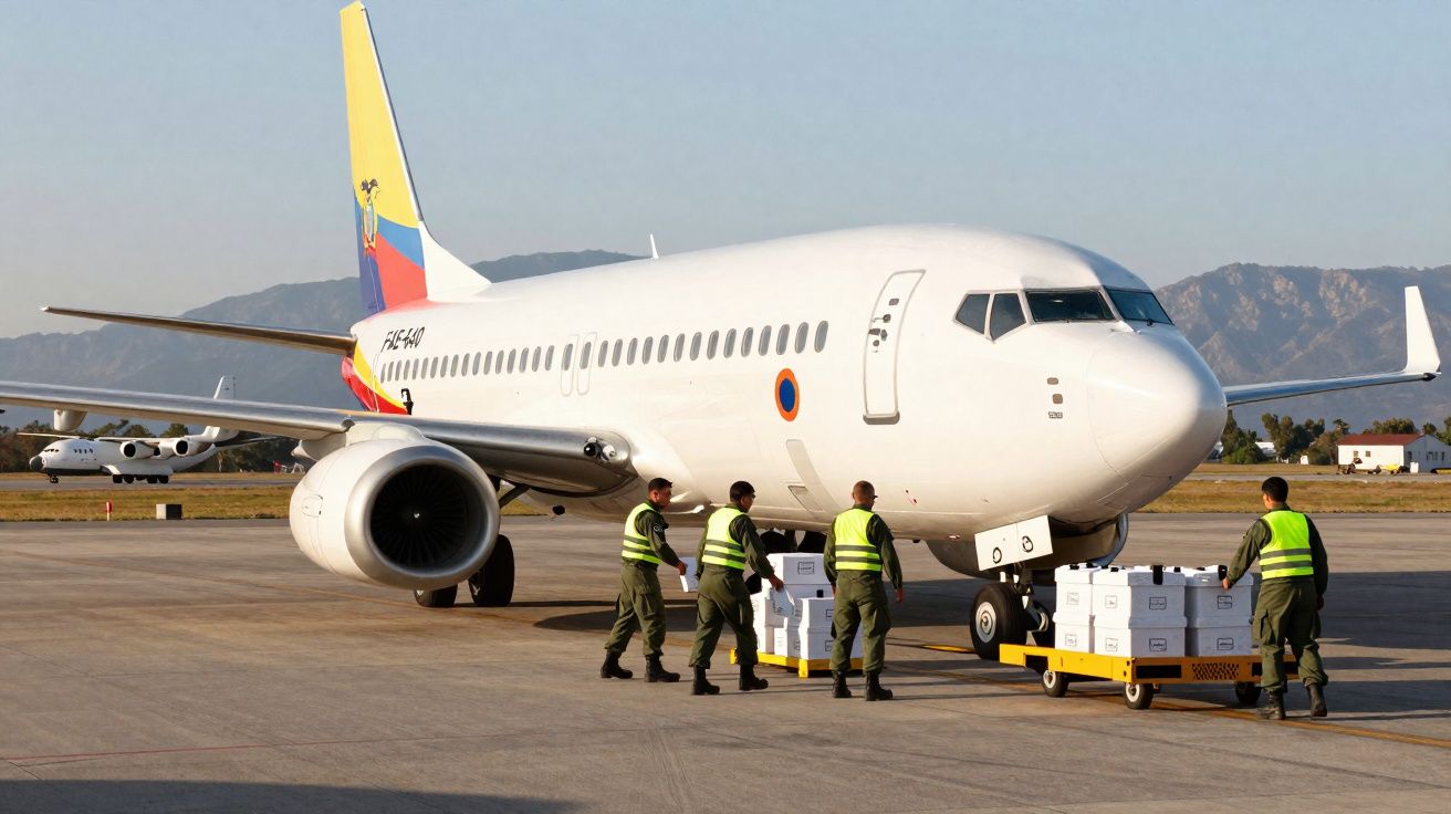 Militares com coletes refletores transportam caixas junto a um avião numa pista de aeroporto.