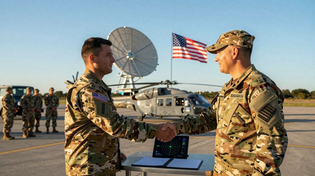 Dois soldados dos EUA apertam as mãos num aeroporto militar com helicóptero e bandeira americana ao fundo.