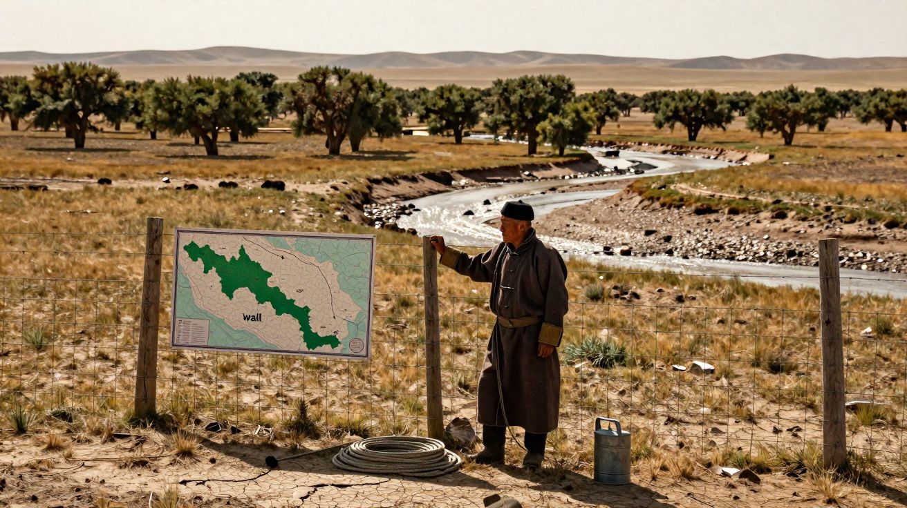 Homem vestido tradicional junto a mapa numa cerca, com rio e árvores numa paisagem rural seca.