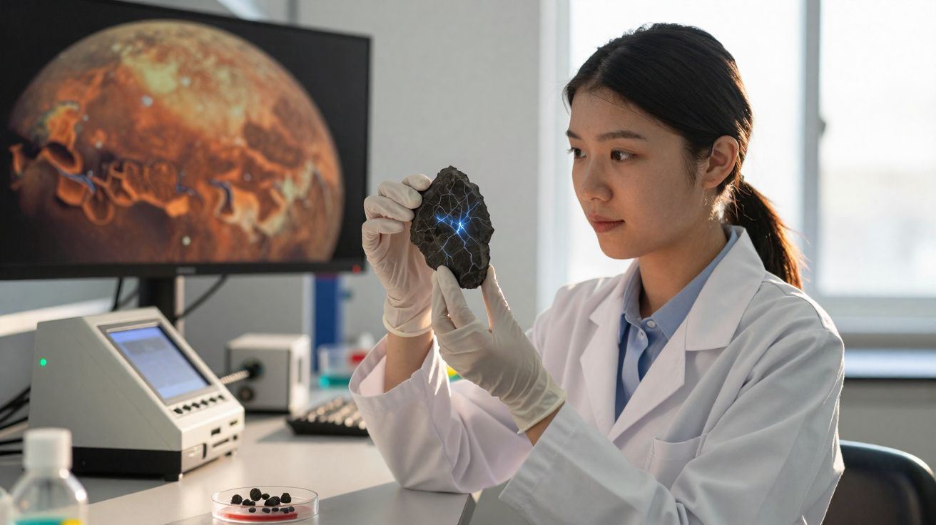 Cientista em laboratório examina uma rocha com uma luz azul, com imagem de planeta em ecrã ao fundo.