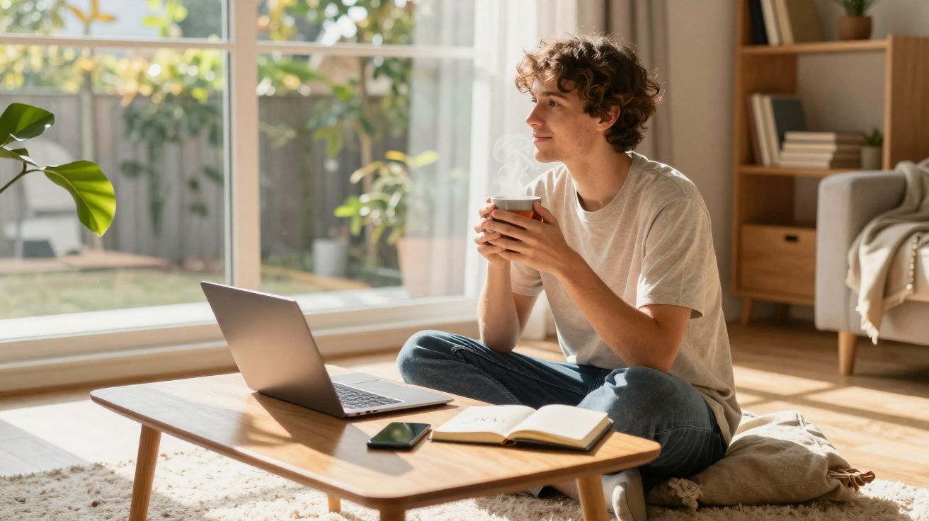 Jovem sentado no chão junto a uma mesa baixa, com portátil aberto, caderno e telemóvel, segurando uma chávena.