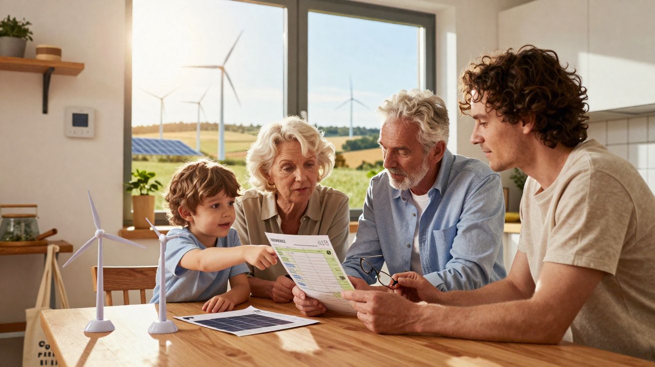 Família de quatro gerações analisa fatura de energia numa cozinha luminosa com turbinas eólicas visíveis pela janela.