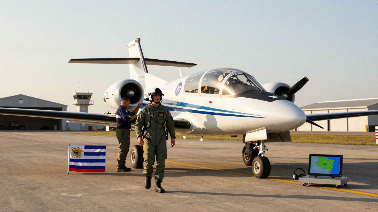 Avião de treino militar branco com piloto a caminhar numa pista de aeroporto ao lado de bandeira do Uruguai.