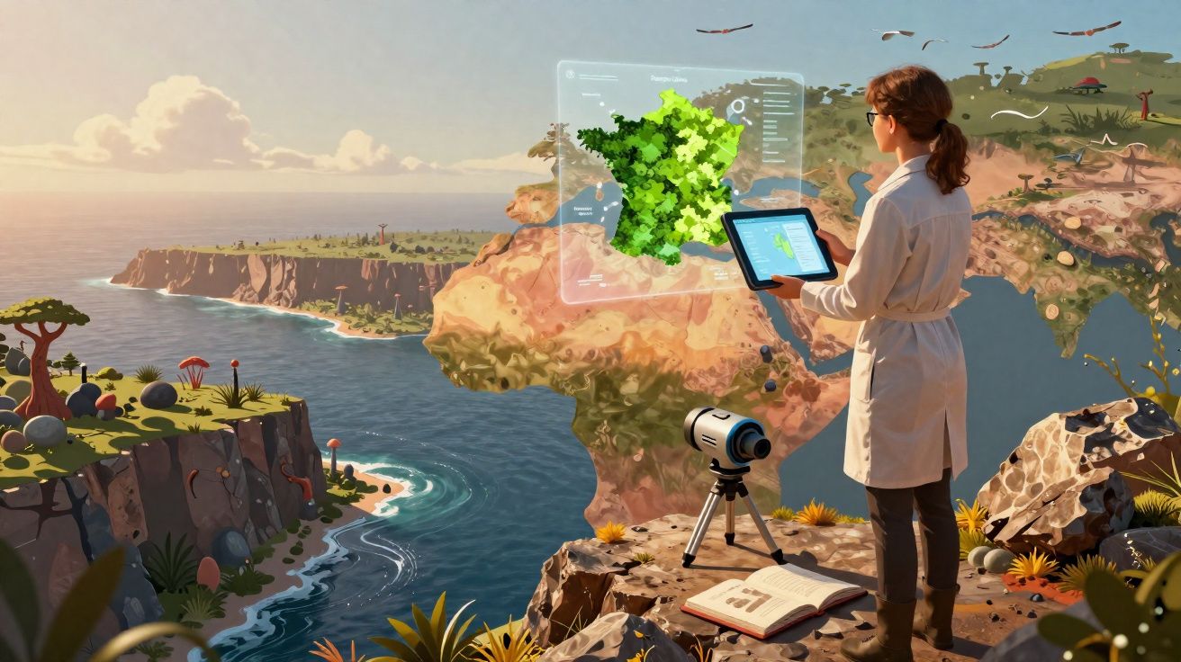 Mulher com bata branca observa mapa holográfico de França em tablet na beira de falésia costeira.