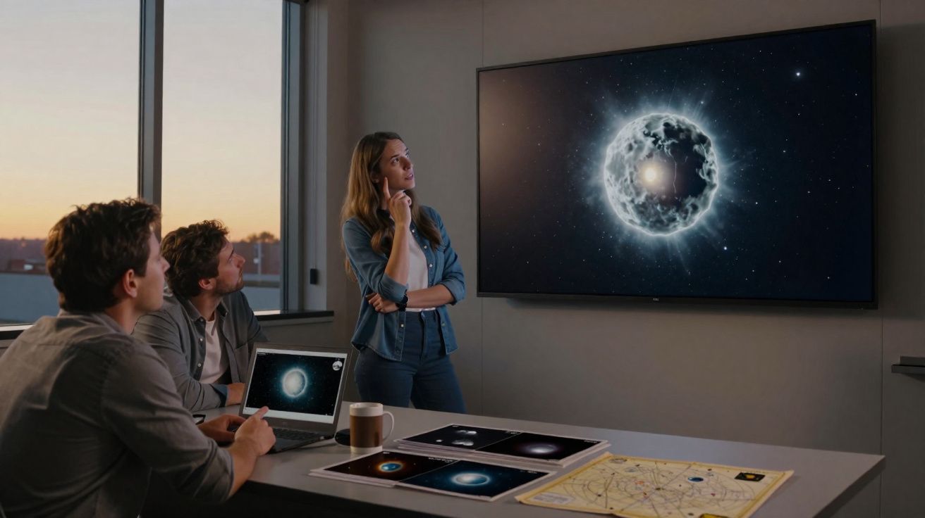 Três pessoas numa sala a analisar imagens de corpos celestes num ecrã e num portátil.