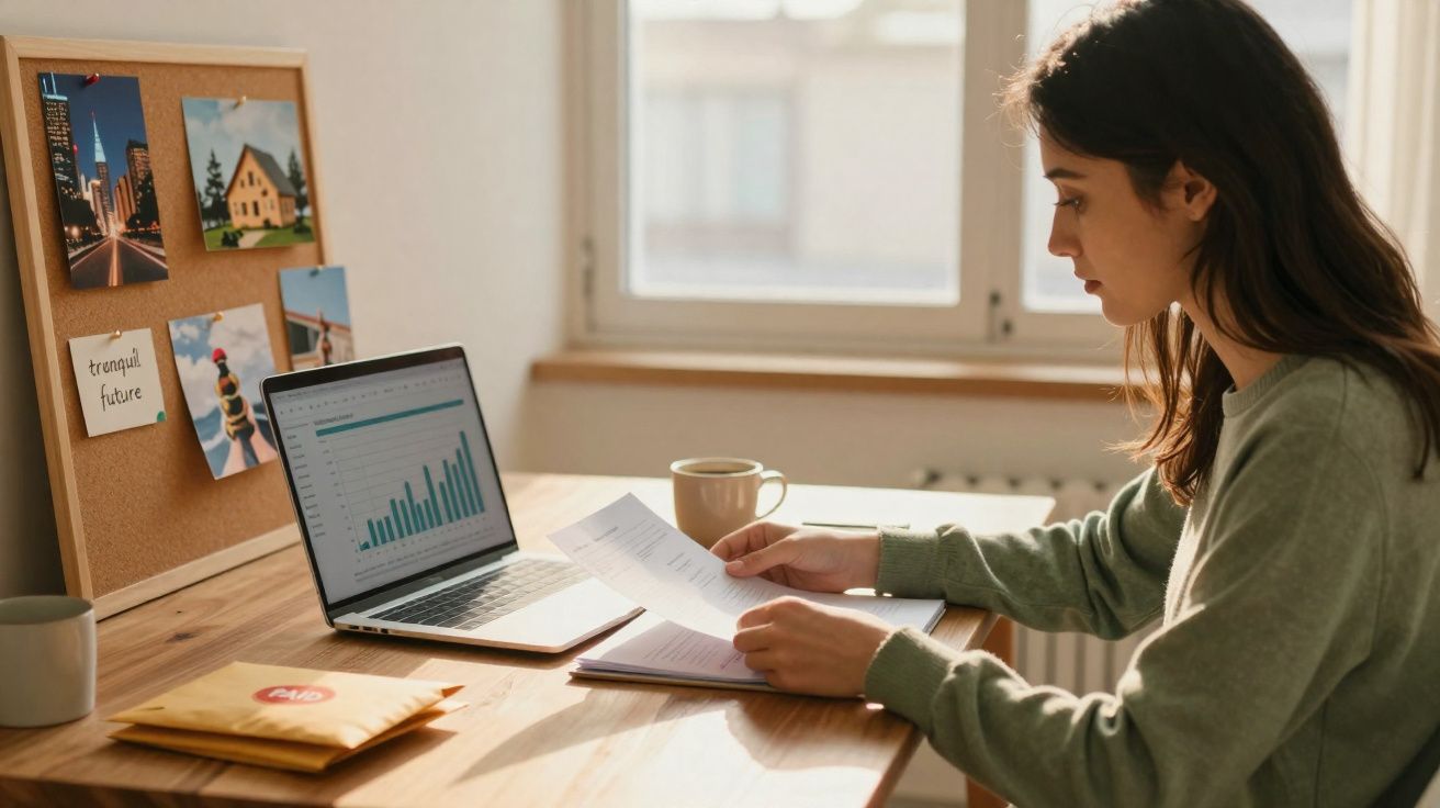 Mulher a analisar documentos e gráficos num computador portátil numa mesa junto a uma janela iluminada.
