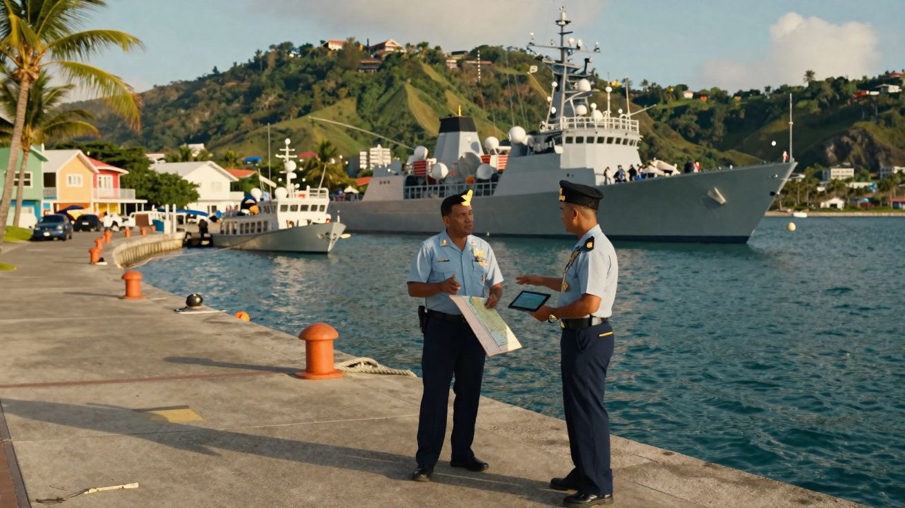 Dois militares em uniforme azul conversam junto ao cais com navios de guerra ancorados e colinas verdes ao fundo.