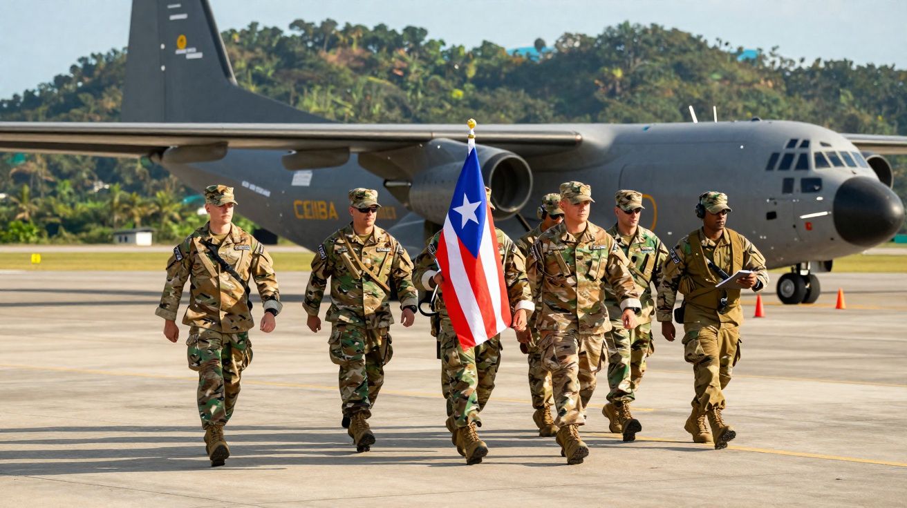 Soldados em uniforme militar a caminhar segurando a bandeira de Porto Rico numa pista de aeroporto militar.