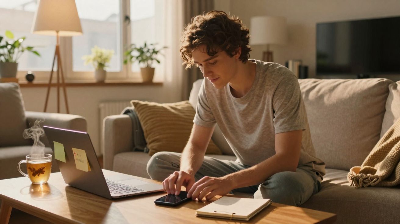 Jovem sentado no sofá a usar telemóvel, com portátil aberto e chá quente numa sala iluminada pela janela.