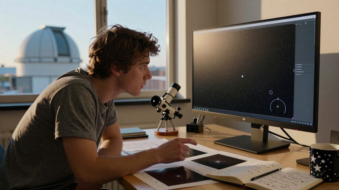 Jovem observa imagens de estrelas no computador enquanto estuda com livros e um telescópio na sala.