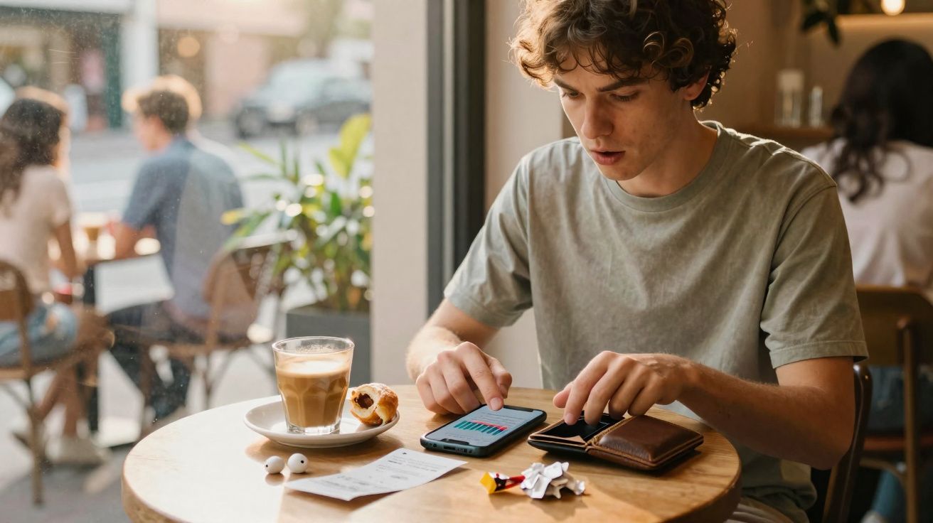 Jovem sentado numa mesa de café, usando o telemóvel para consultar pagamentos com café e comida ao lado.