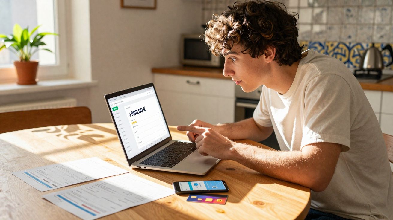 Jovem sentado à mesa a consultar saldo de 390 euros num computador portátil numa cozinha luminosa.