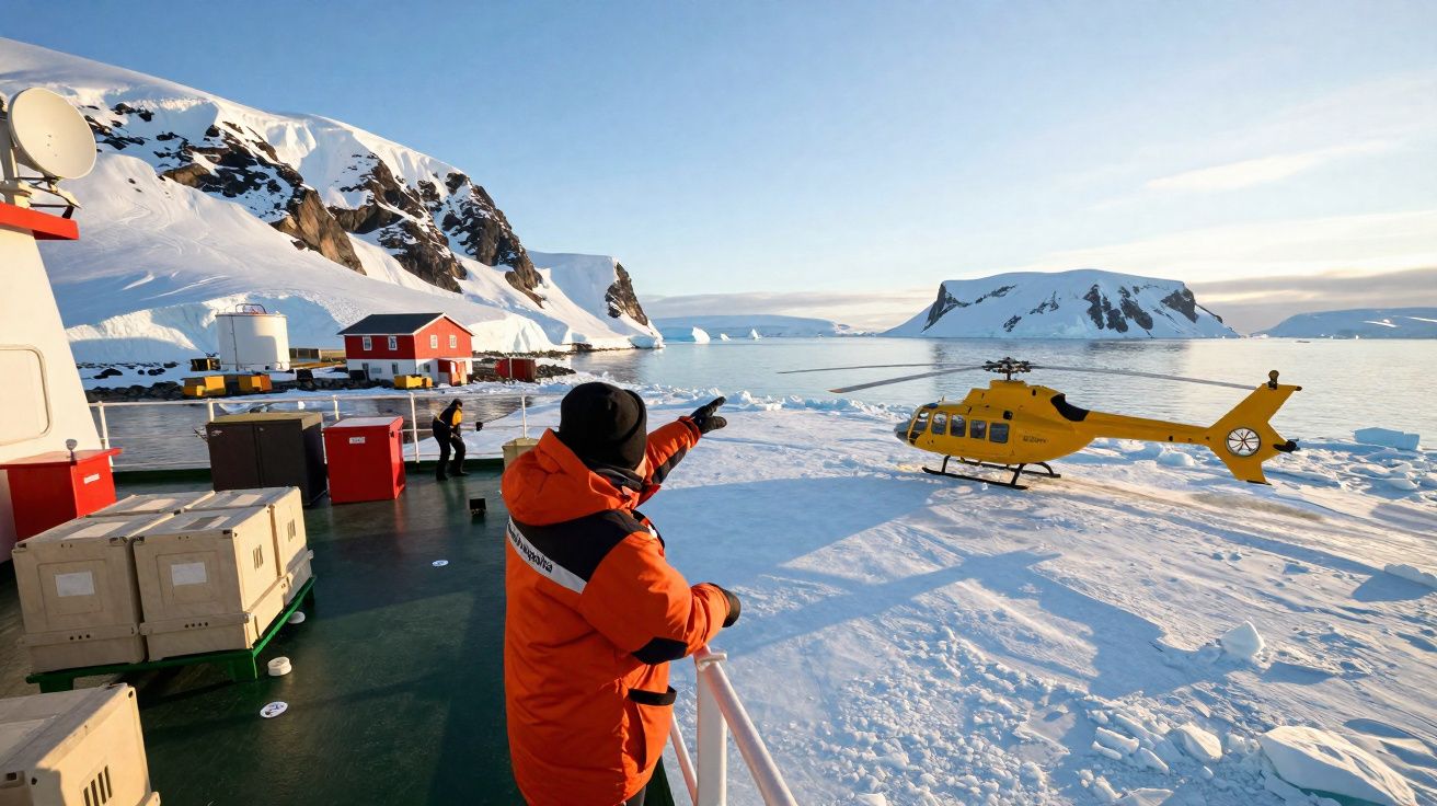 Pessoa em casaco laranja apontando para um helicóptero amarelo numa base científica rodeada por gelo e montanhas nevadas.