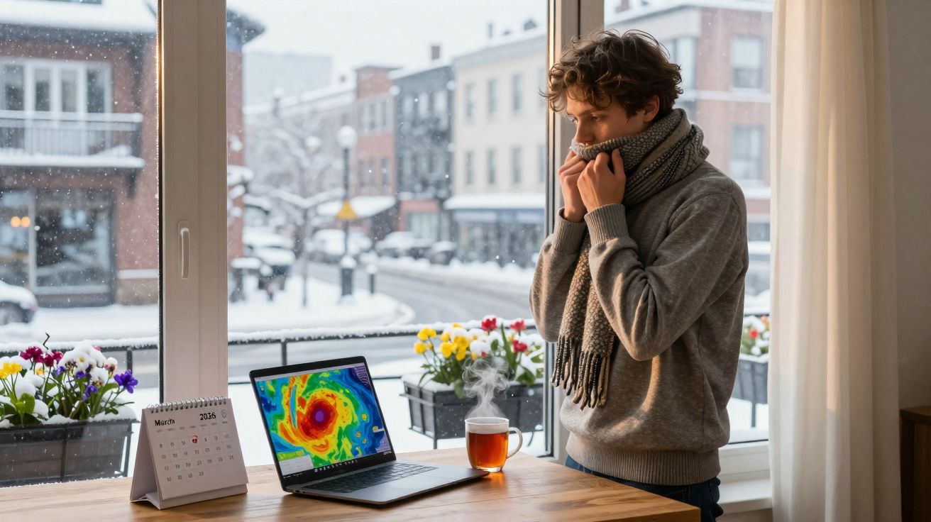 Homem com cachecol observa laptop com mapa do tempo, chá quente na mesa, janela com neve e flores coloridas ao fundo.