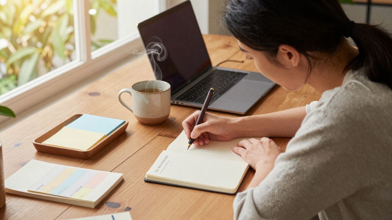 Mulher a escrever num caderno numa secretária com portátil, caneca de café e blocos de notas.
