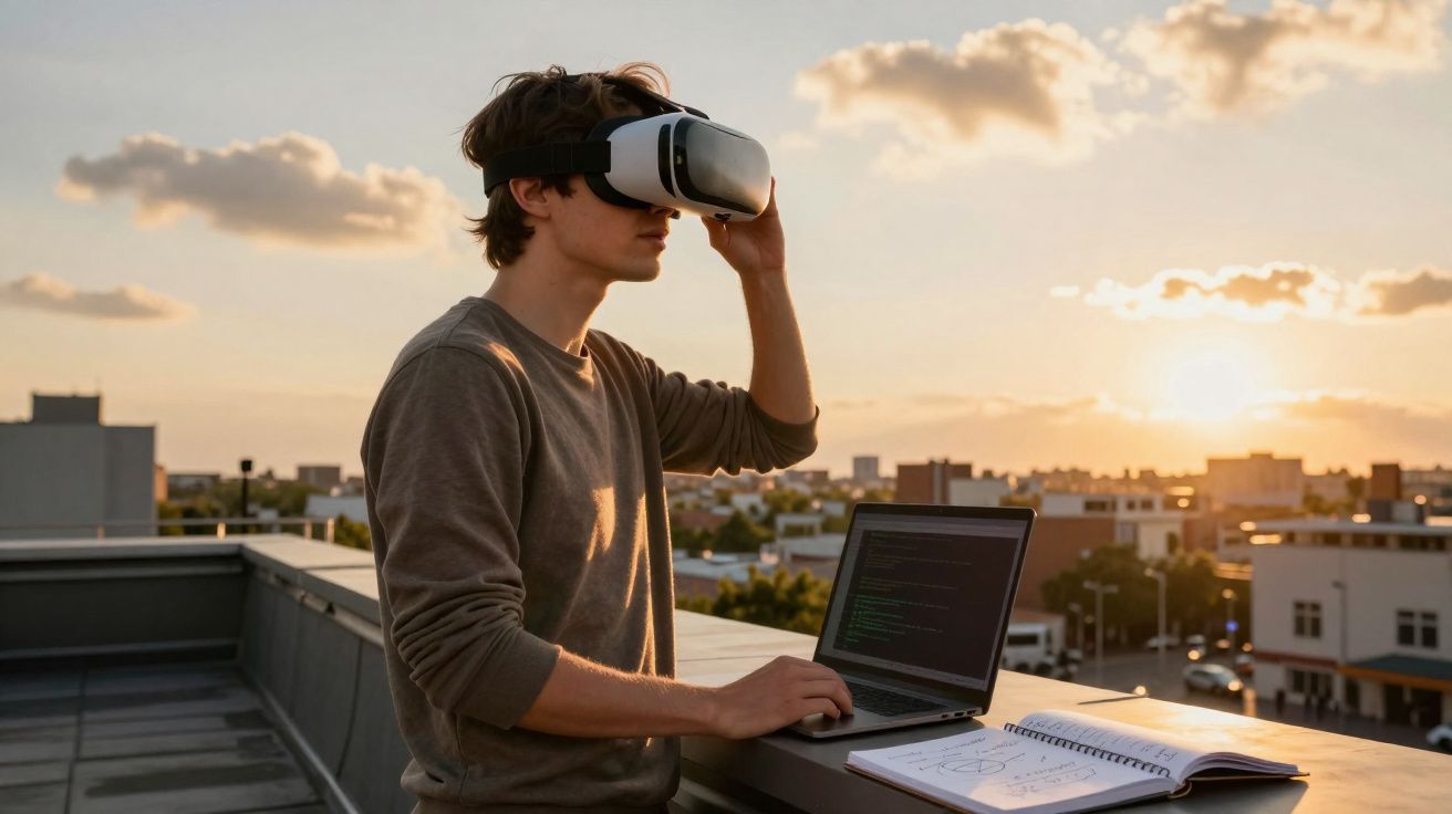 Jovem usa óculos de realidade virtual enquanto trabalha num portátil numa varanda ao pôr do sol.
