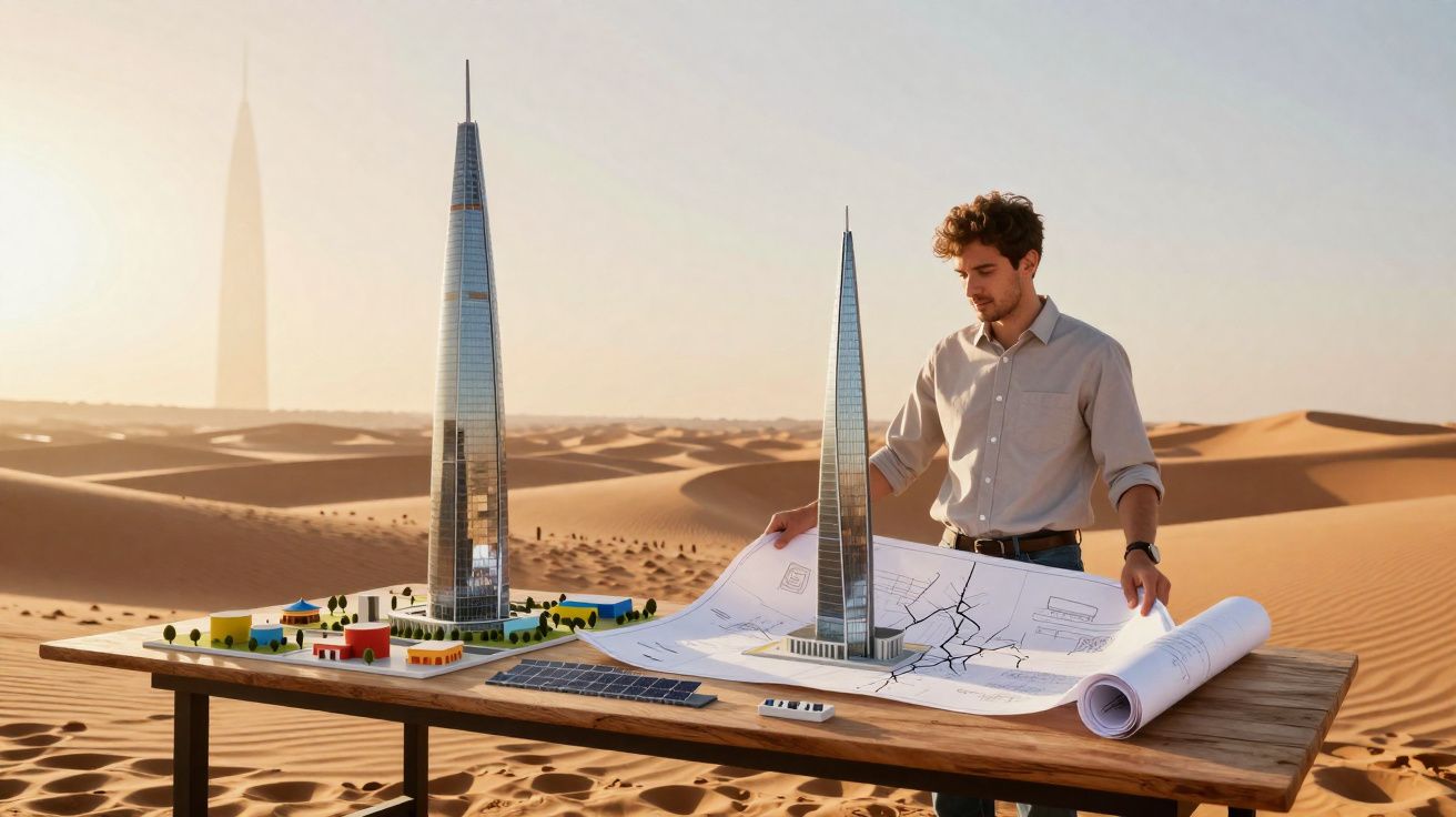 Homem vê planta de arquitetura com maquetes de arranha-céus numa mesa no meio do deserto.