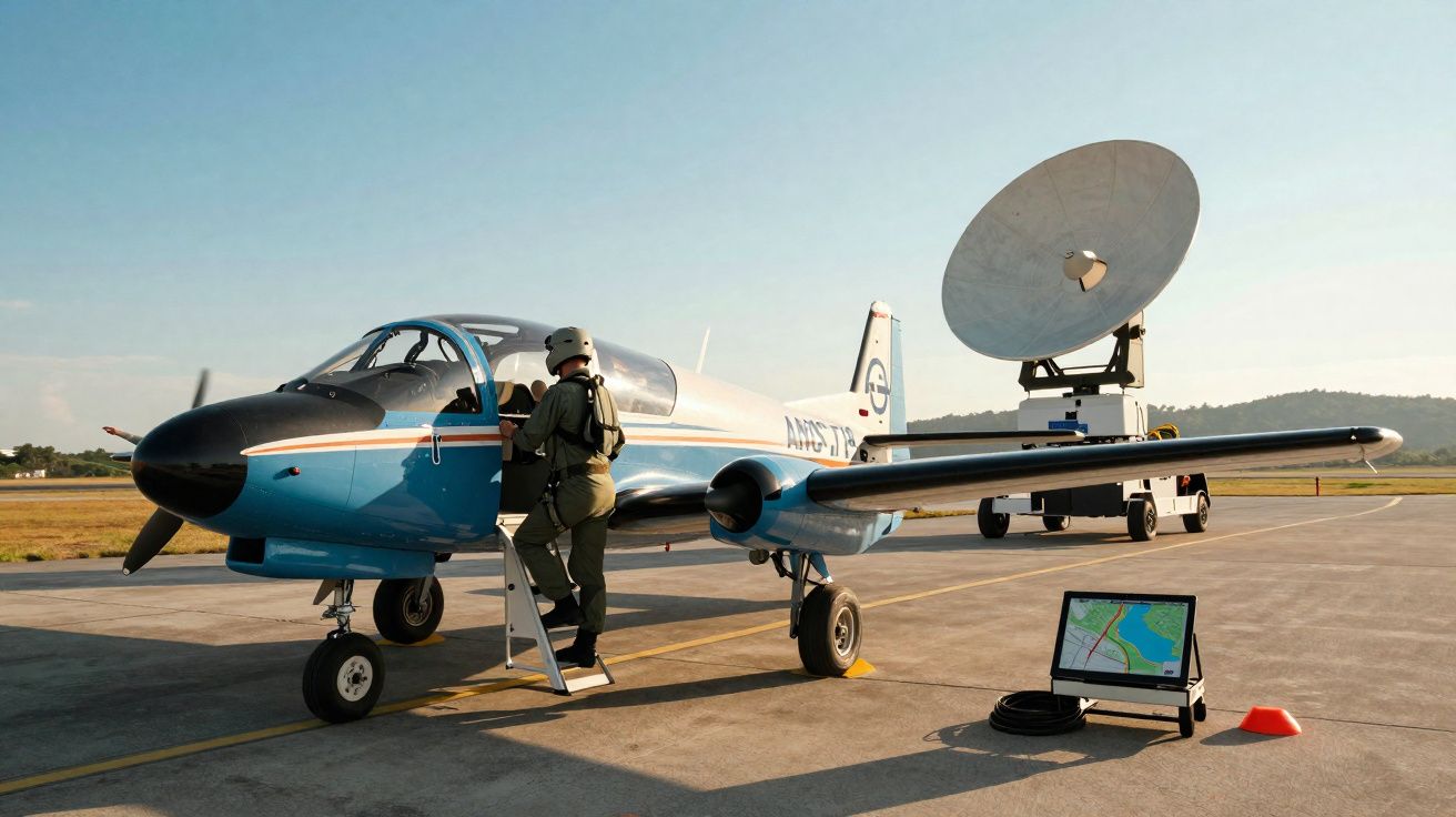 Piloto com fato de voo sobe para pequeno avião azul num aeroporto com equipamento de radar ao fundo.