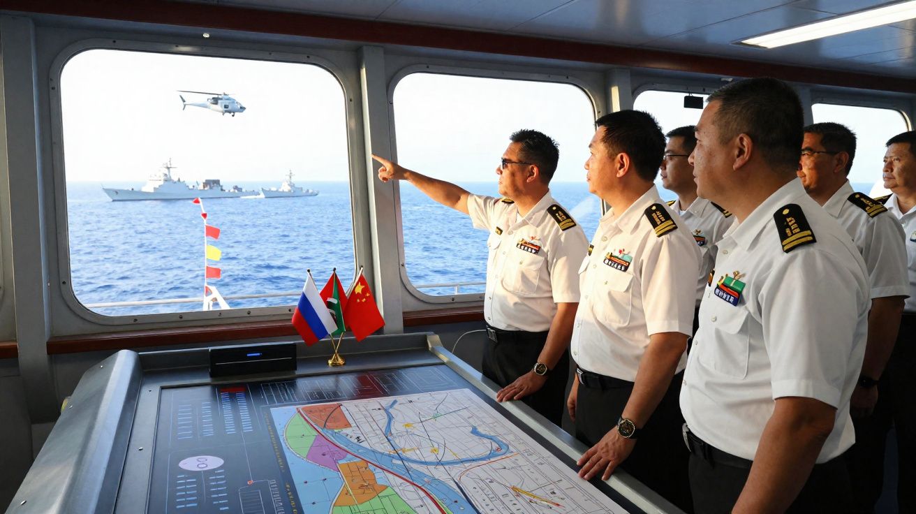 Oficiais navais observam um navio e helicóptero através de janela, com mapa de navegação à frente.