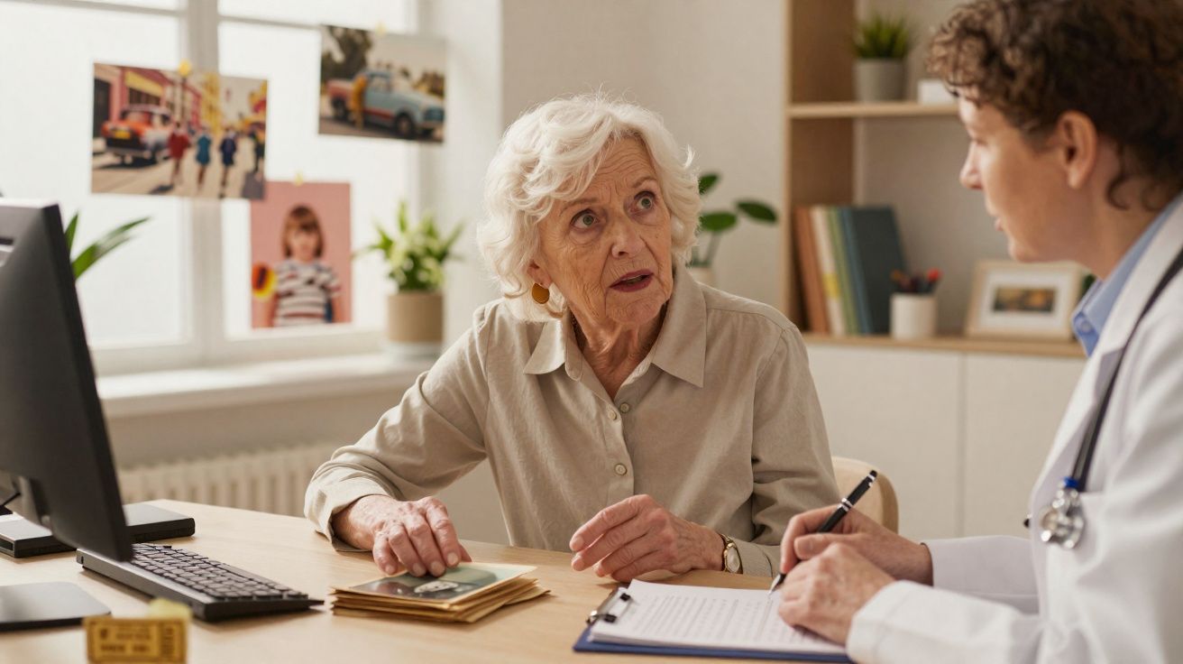 Senhora idosa a conversar preocupada com médica durante consulta num consultório moderno.