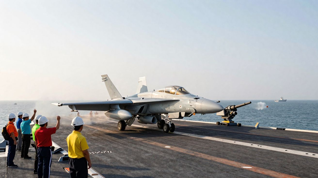 Caça F/A-18 a preparar-se para descolar de um porta-aviões com tripulantes a sinalizar na pista.