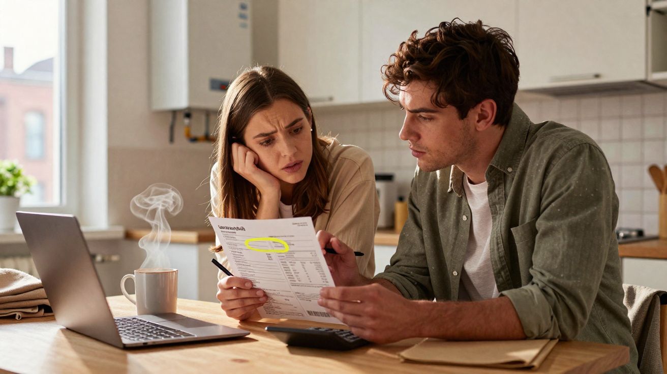 Casal sentado à mesa da cozinha a analisar contas com expressão preocupada e laptop aberto à frente.