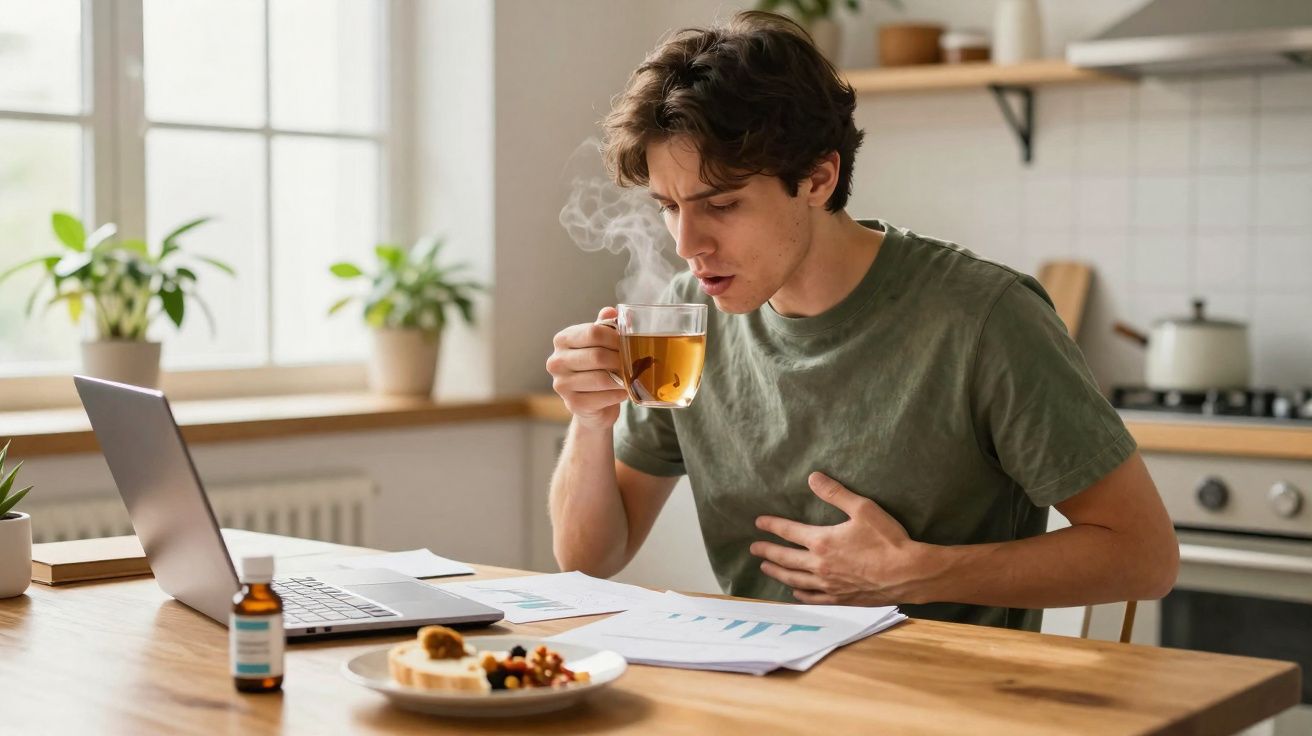 Homem sentado numa cozinha a beber chá quente com expressão de desconforto na barriga, com computador e papéis à frente.