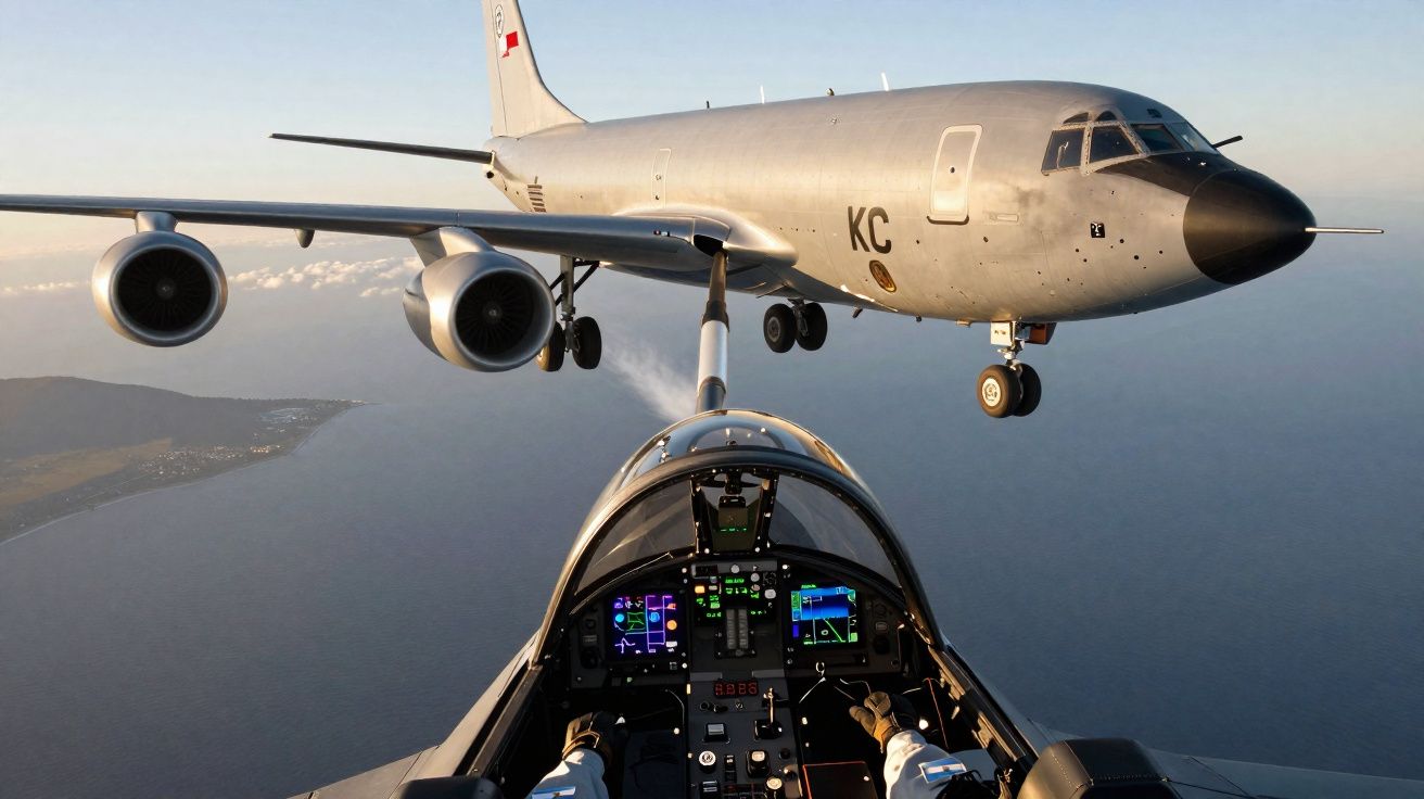 Vista da cabine de um caça aéreoe em voo próximo a um avião de transporte militar sobre o mar.