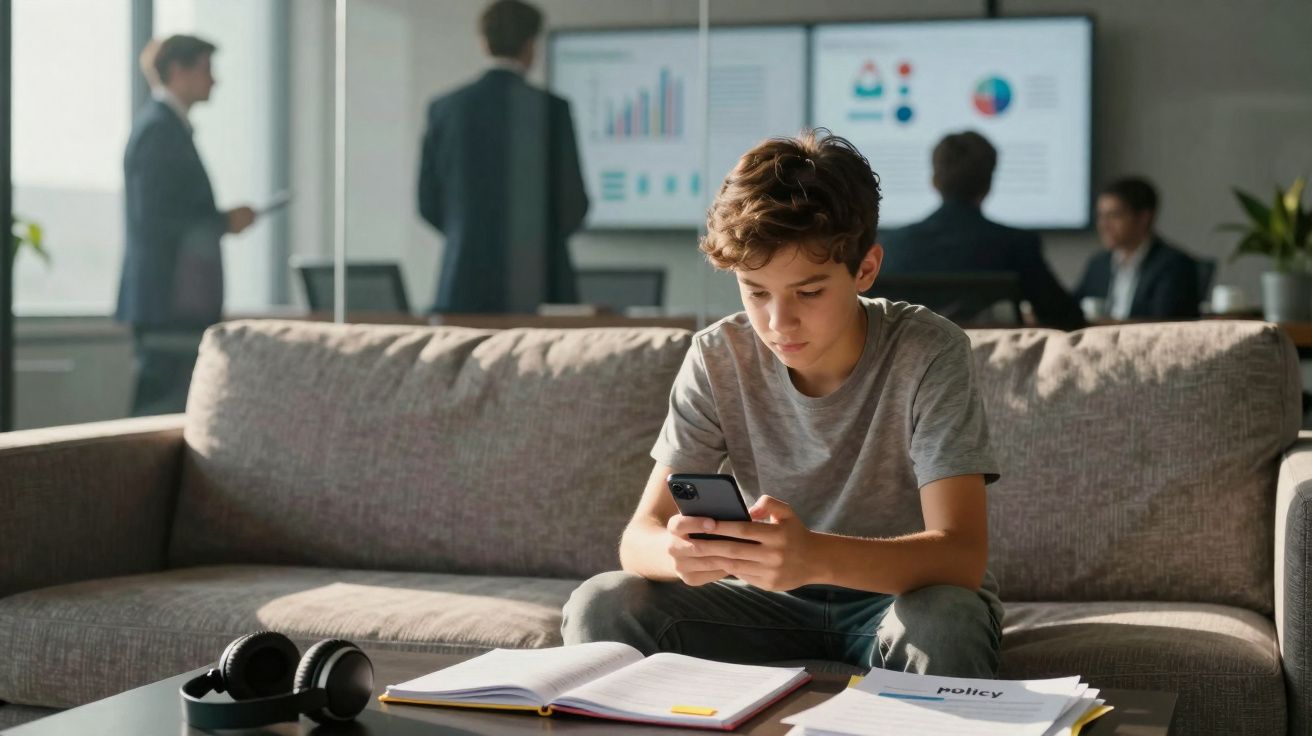 Rapaz sentado no sofá a usar telemóvel, com livros abertos e pessoas ao fundo numa sala de reuniões.