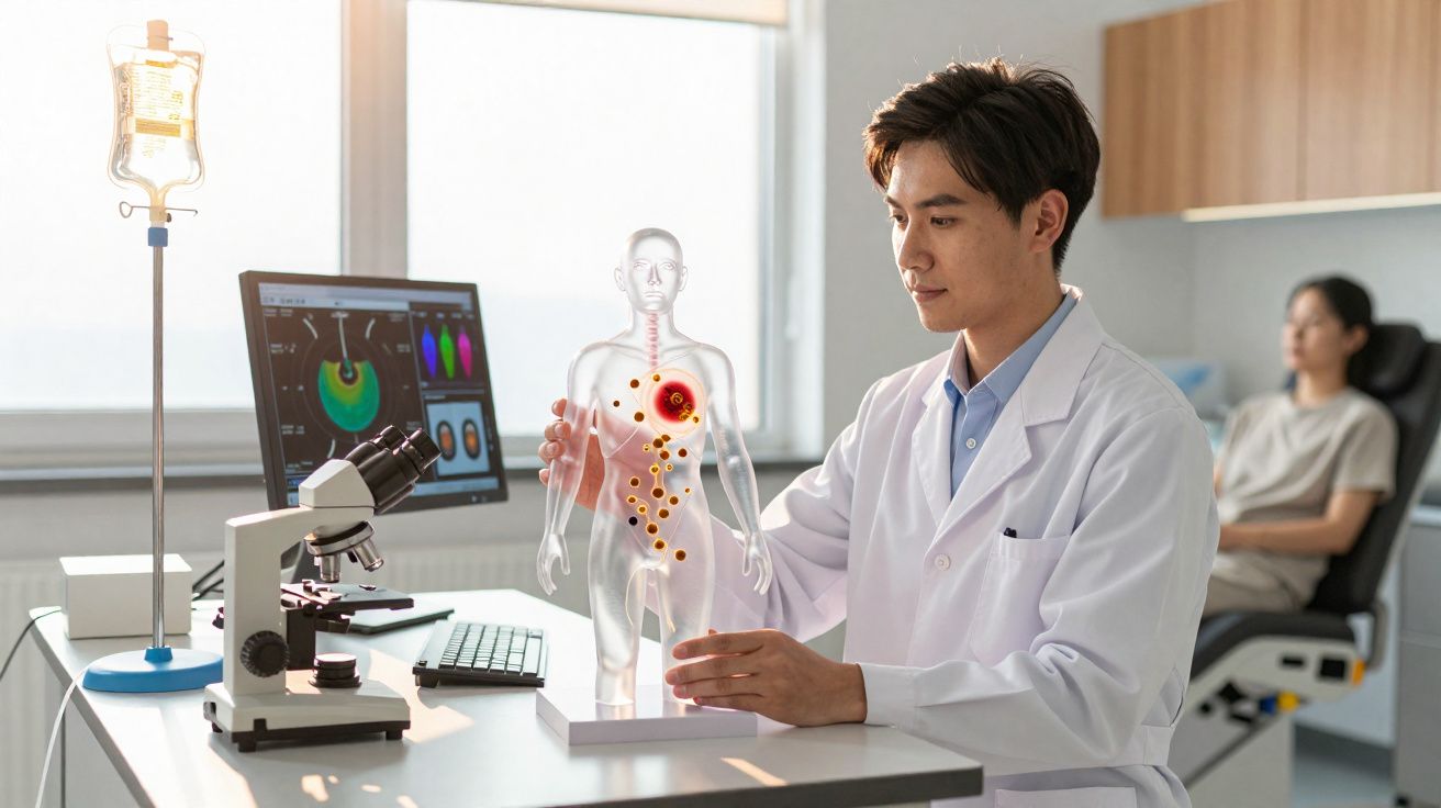 Médico analisando modelo digital do corpo humano com foco em tumor, paciente sentada ao fundo numa clínica.